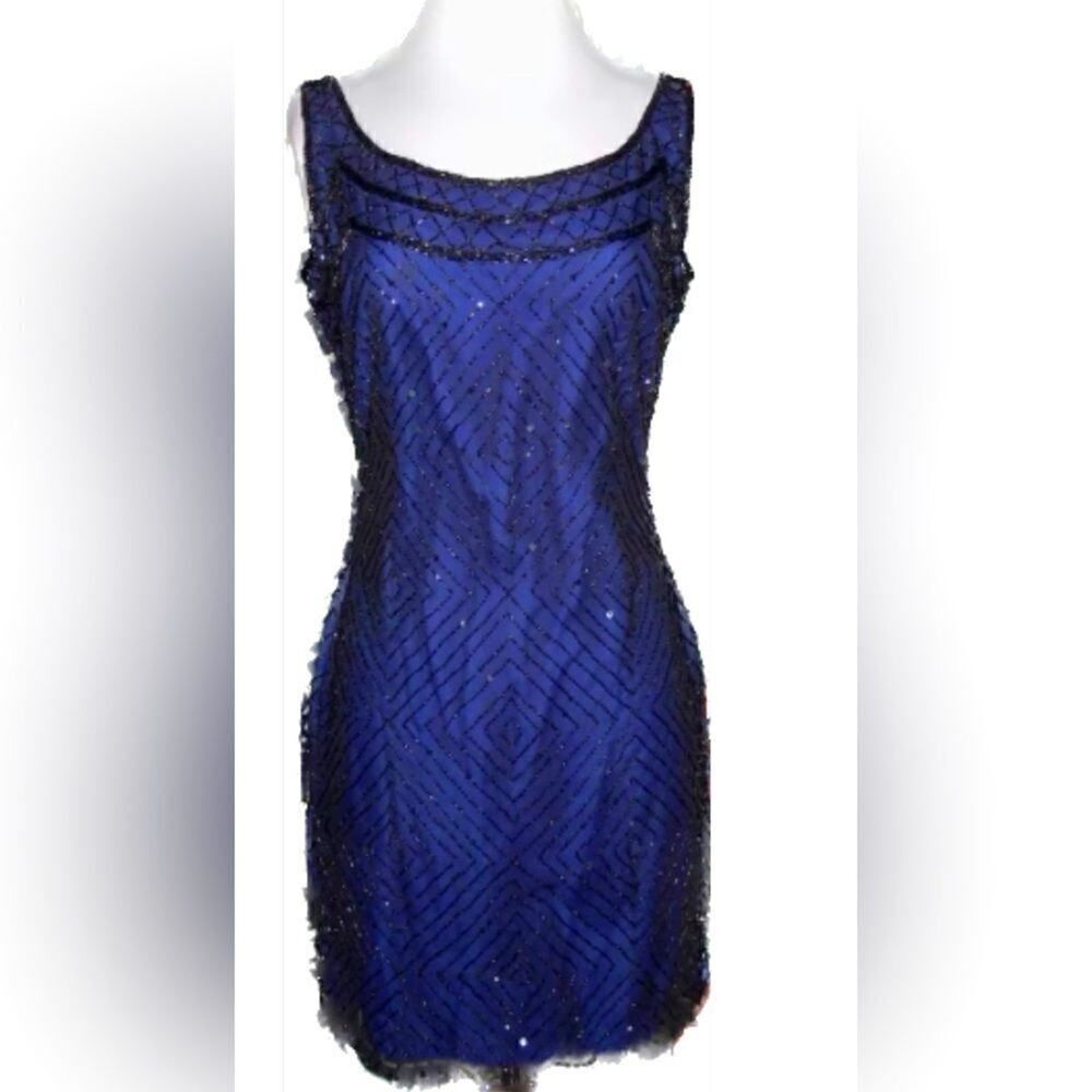  Laurence Kazar Blue Black Beaded Sequin Mesh Scoop Back Woman’s Dress PM